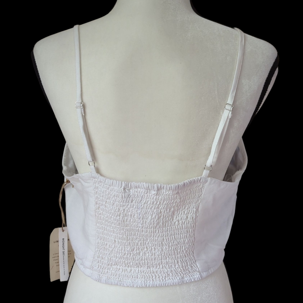NEW Midnight Sky Linen Blend Embellished Floral Smocked Crop Top L White Blue - Picture 13 of 16